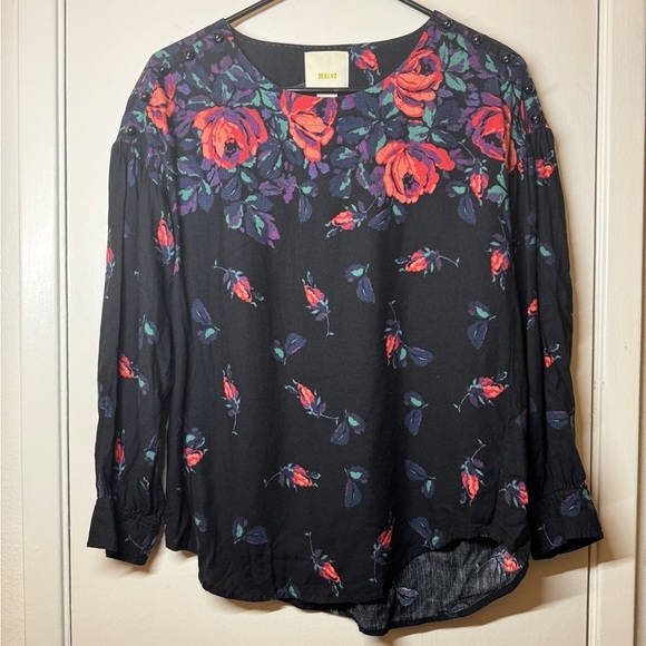 Anthropologie Maeve Gardenia Black Pink Purple Floral Linen Blend Blouse Top XS - Picture 4 of 16